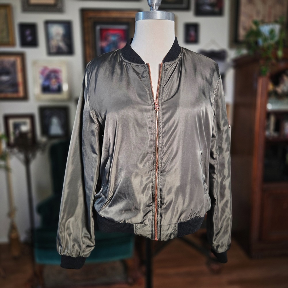 Love Tree Bomber Jacket Olive Green Satin Tiger Embroidered Fabulous L Womens - Picture 2 of 8